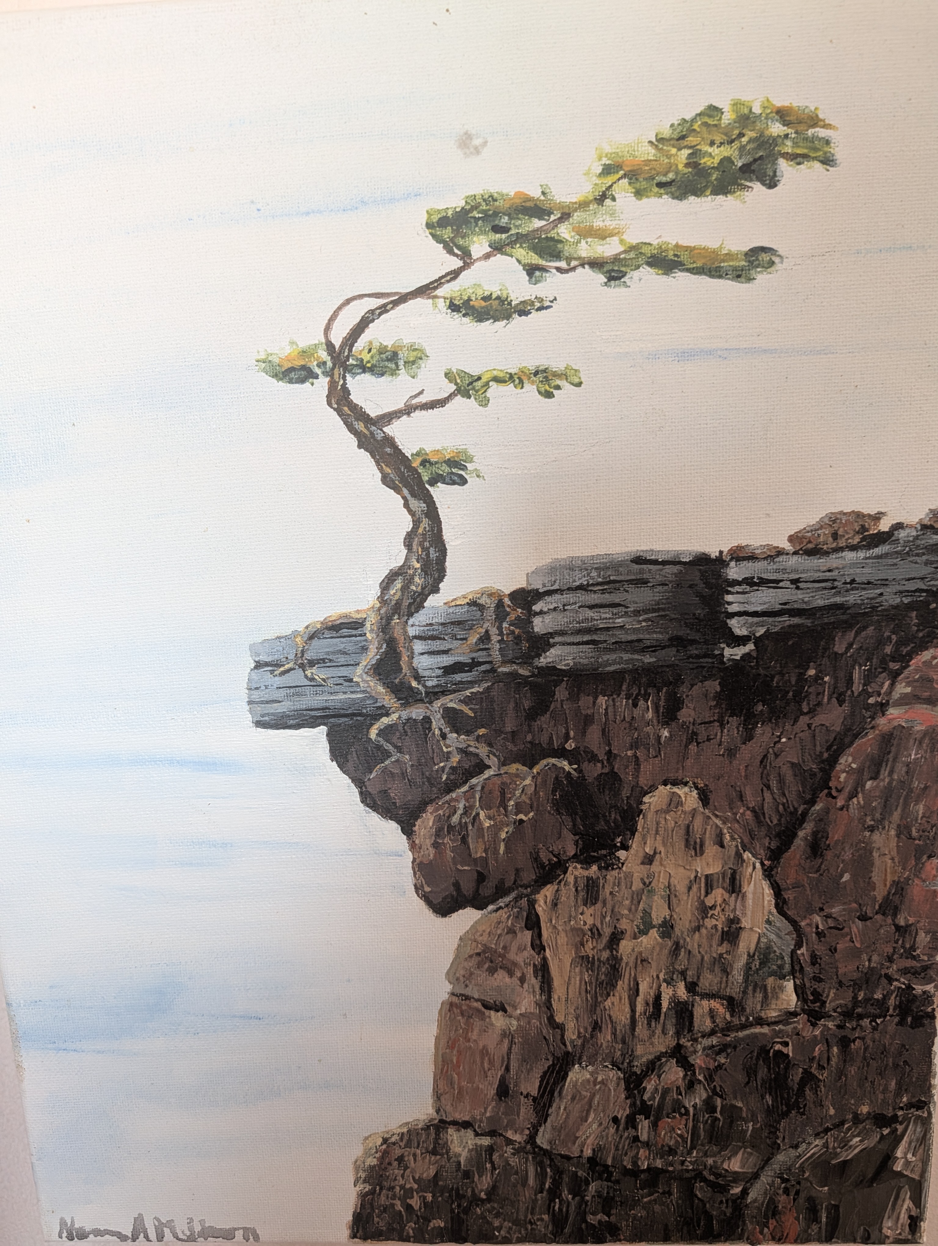 Painting of a wind-bent tree on a cliff edge