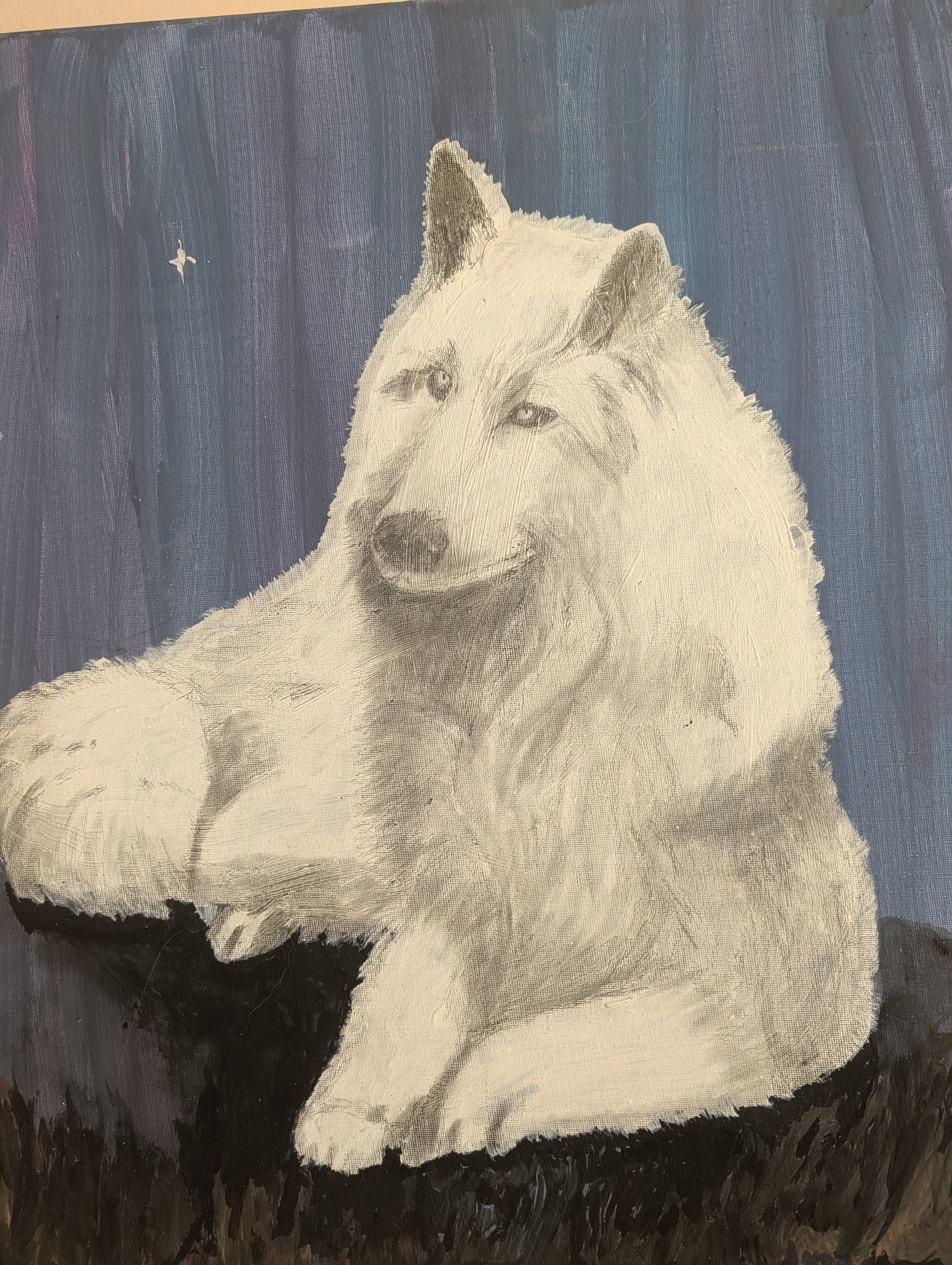 Painting of a white wolf against a night sky