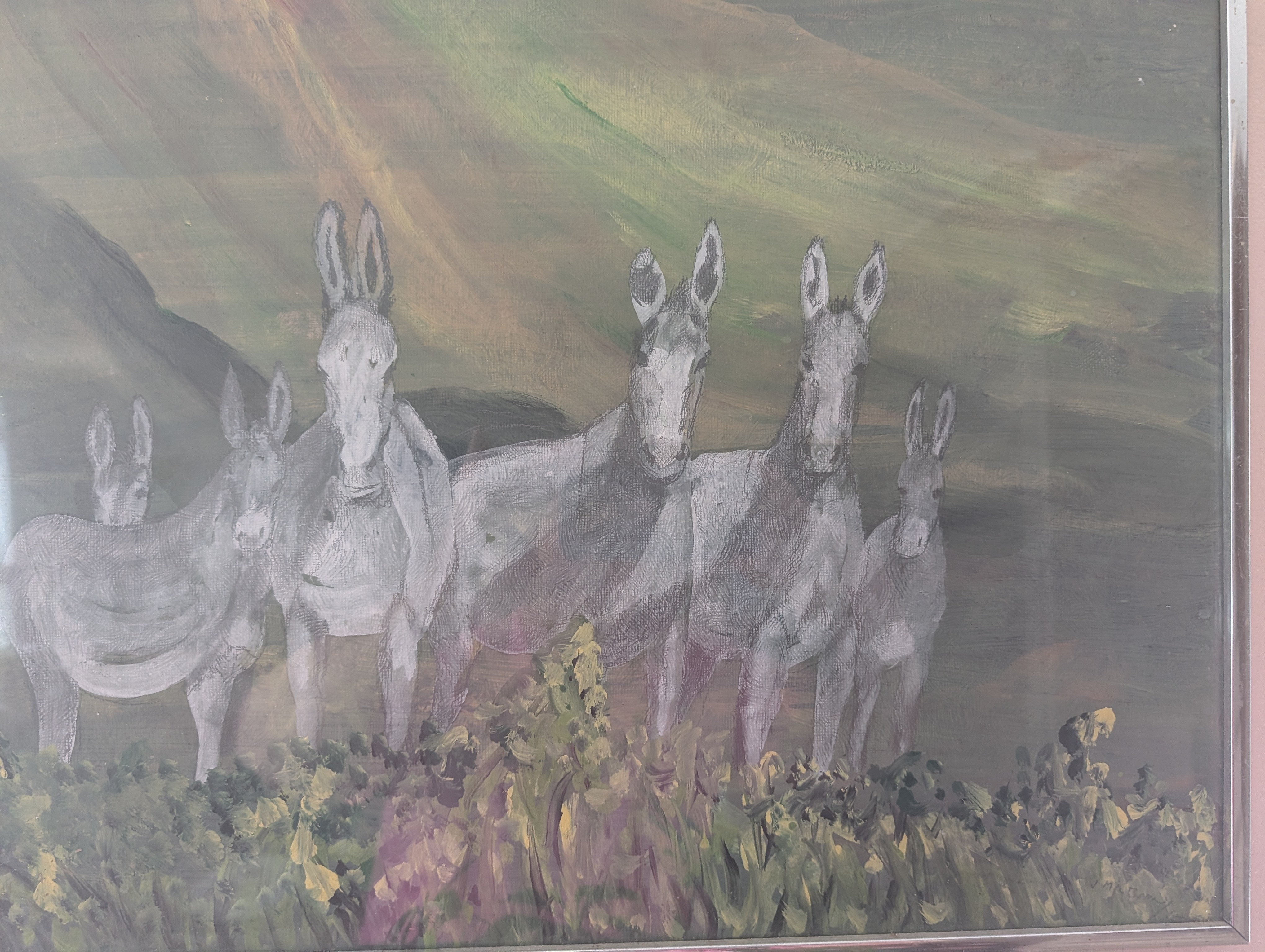 Painting of a group of donkeys in a field